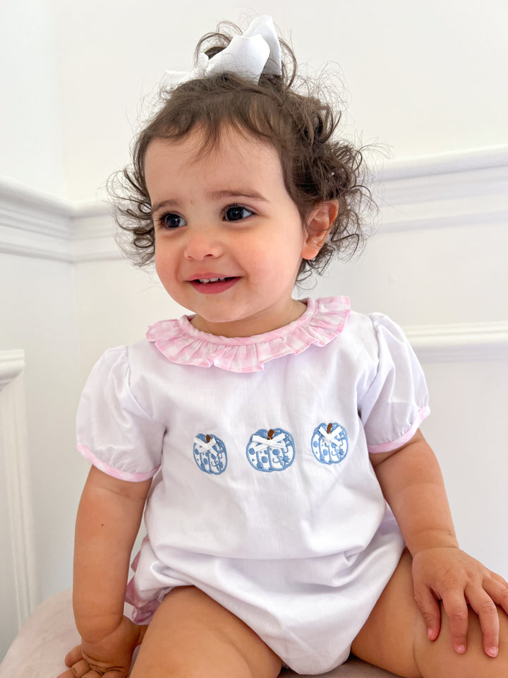 Carly Chinoiserie Pumpkin and Pink Gingham Ruffle Smocked Bubble