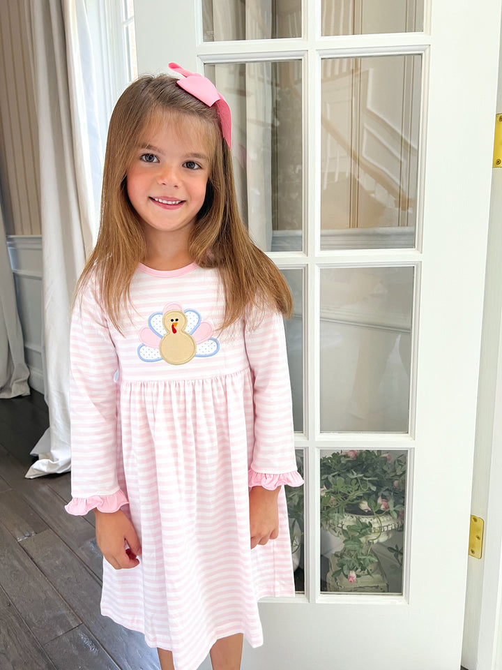 Pink Striped Long Sleeve Thanksgiving Turkey Dress