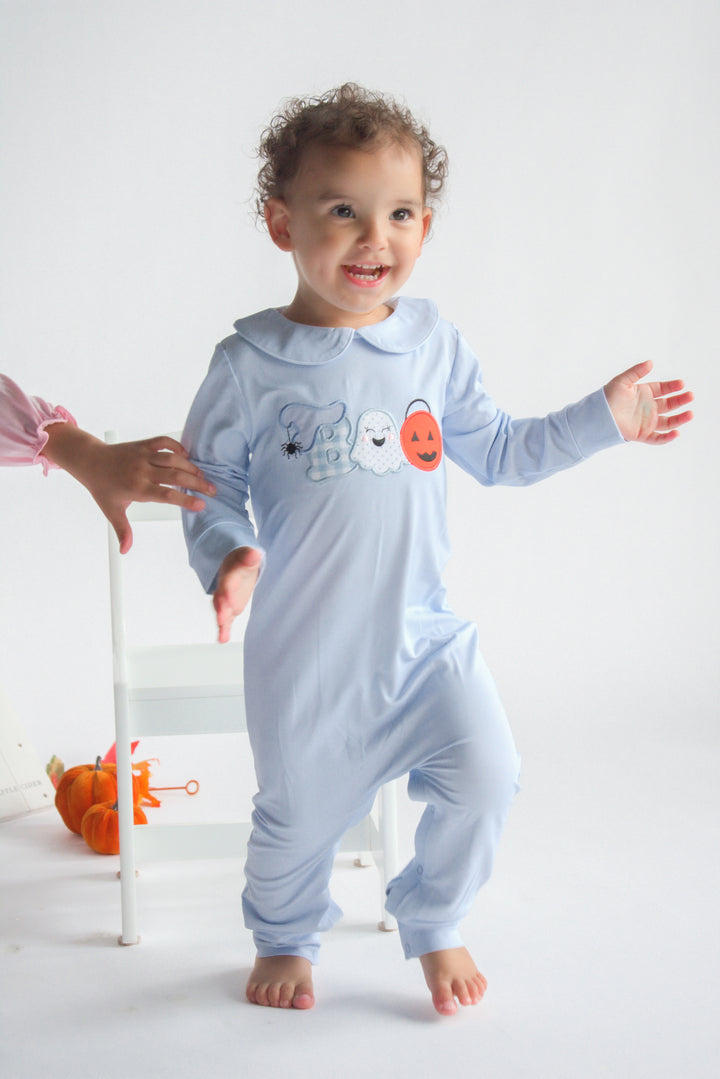 Blue “BOO” Halloween Appliqué Romper