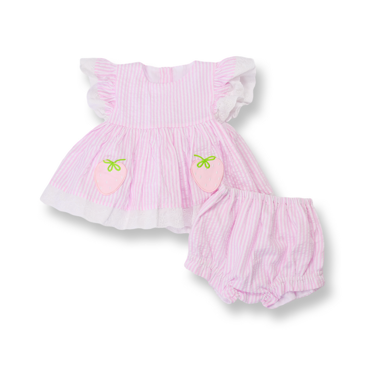 Pink Seersucker Strawberry Diaper Set