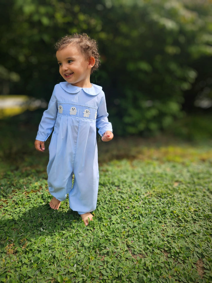 Blue Smocked Ghost Halloween Romper