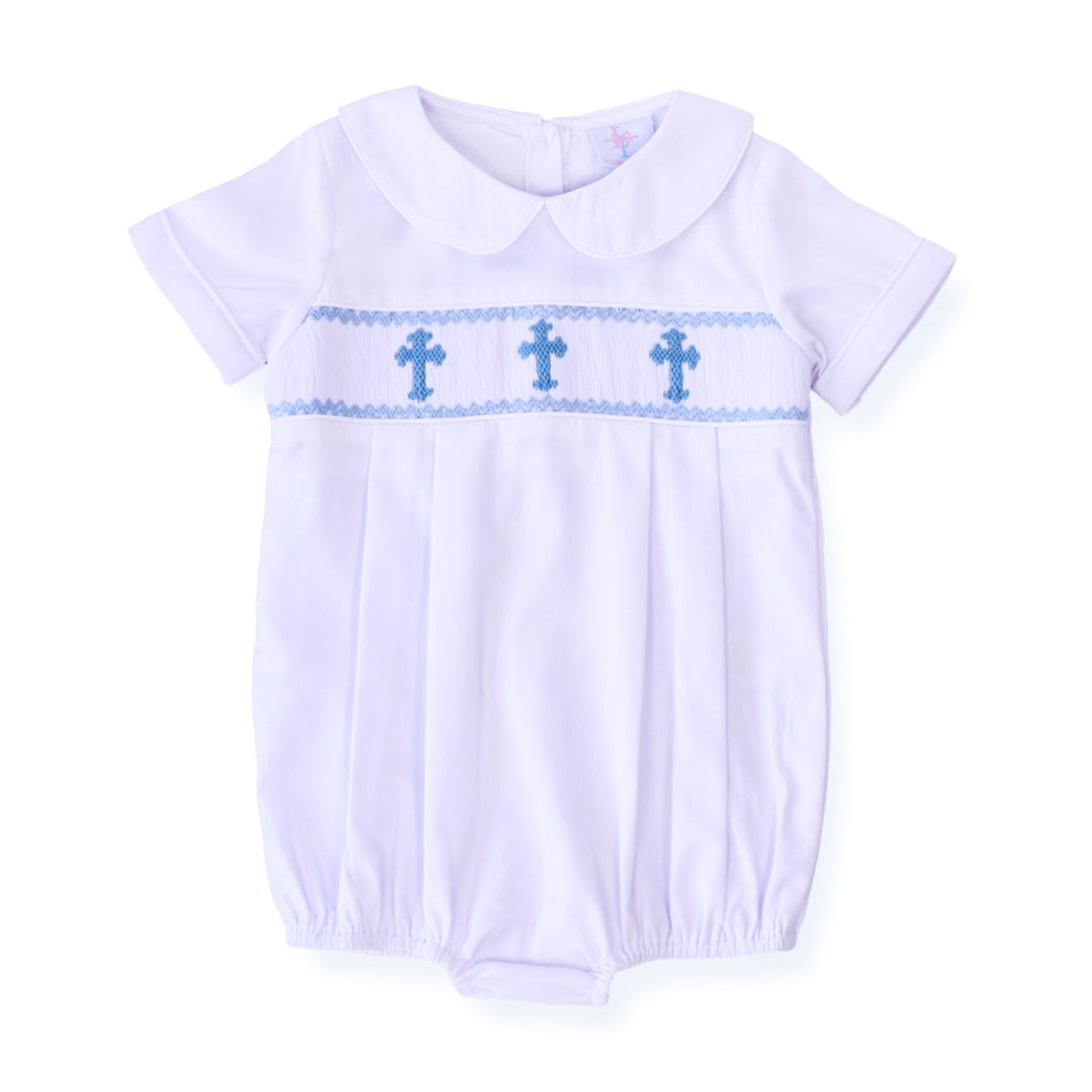 Smocked Cross Boy Bubble in White