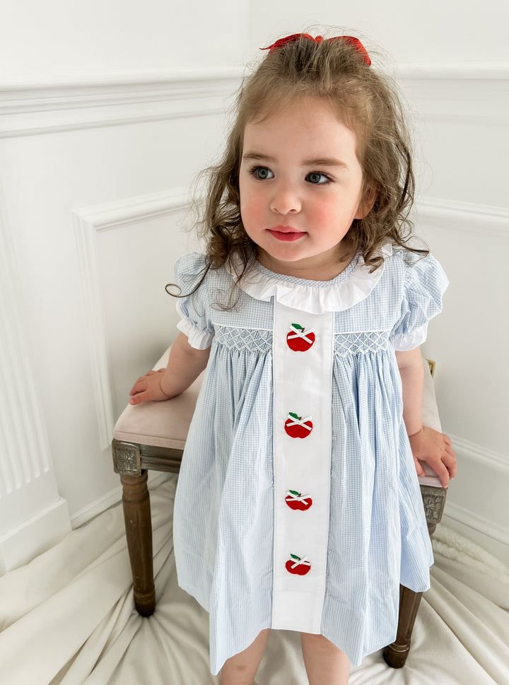 Blue Gingham Apple Panel Smocked Dress