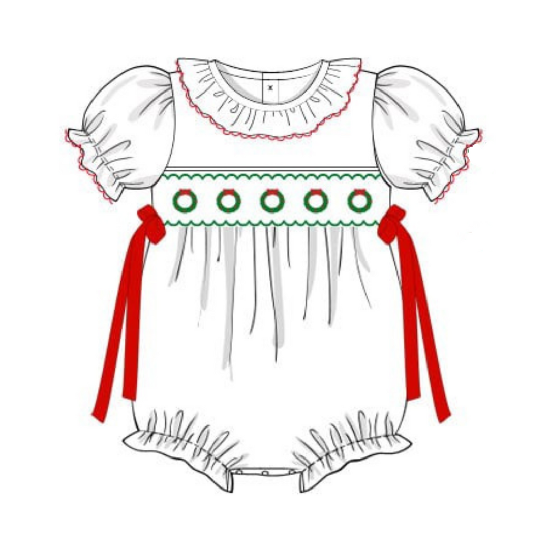 PRE-ORDER Girls Smocked Christmas Wreath Bubble with Red Bows