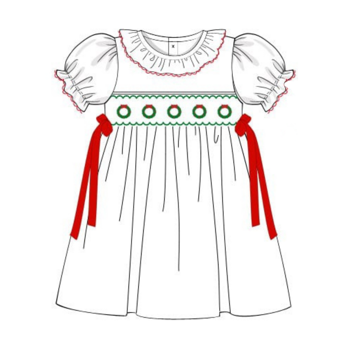 PRE-ORDER Girls Smocked Christmas Wreath Dress with Red Bows