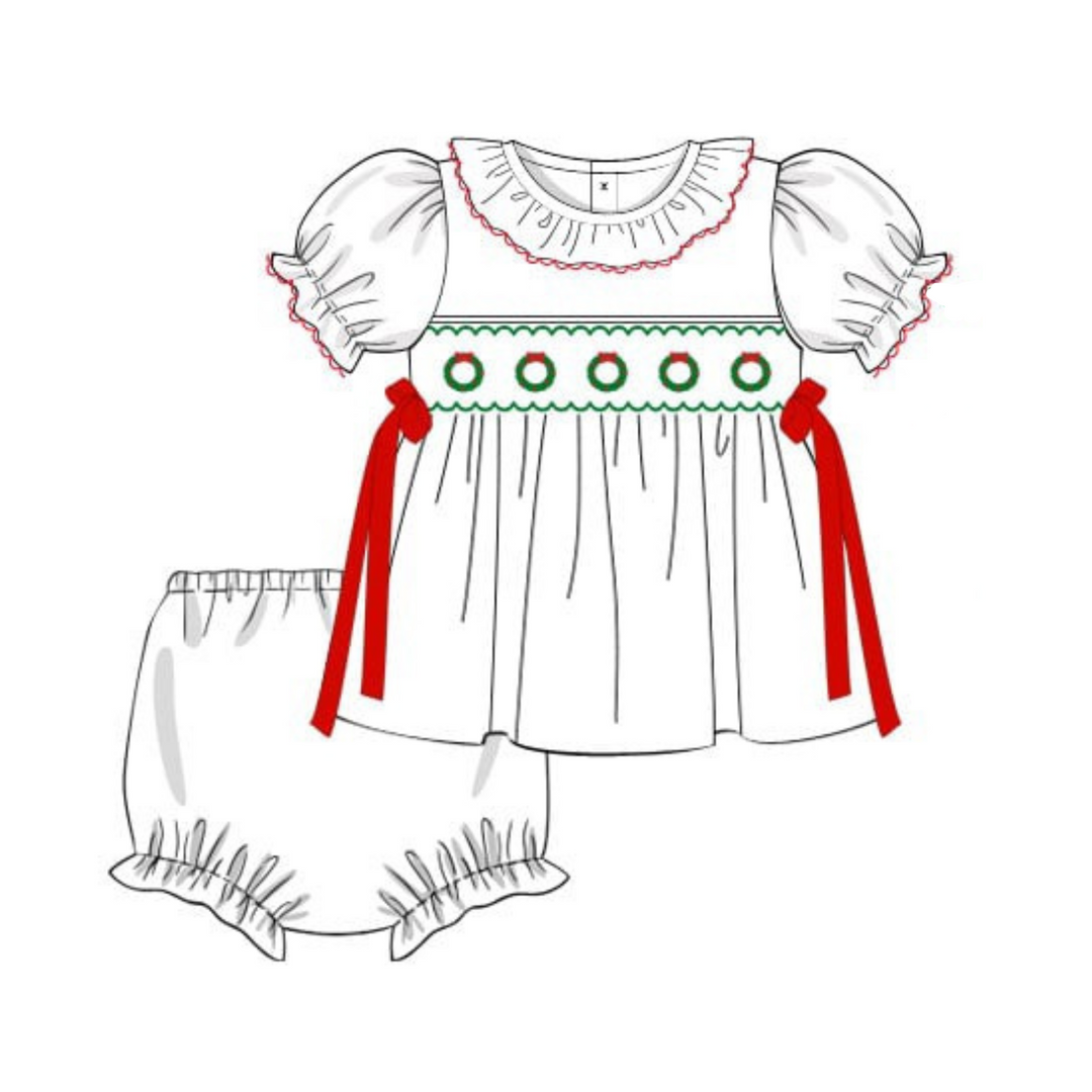 PRE-ORDER Girls Smocked Christmas Wreath Diaper Set with Red Bows