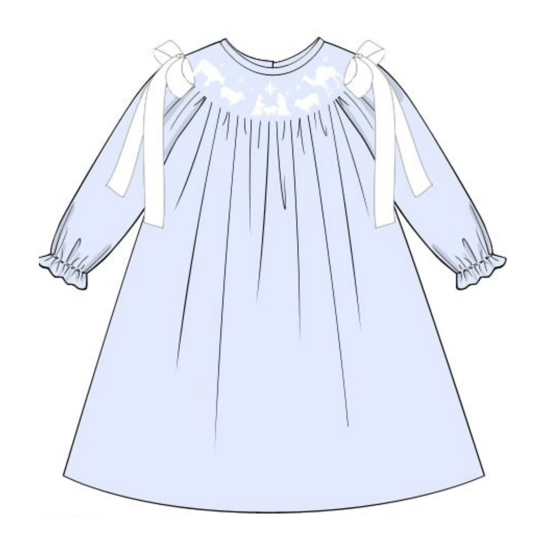 PRE-ORDER Girls Blue Smocked Nativity Dress with Satin Bows