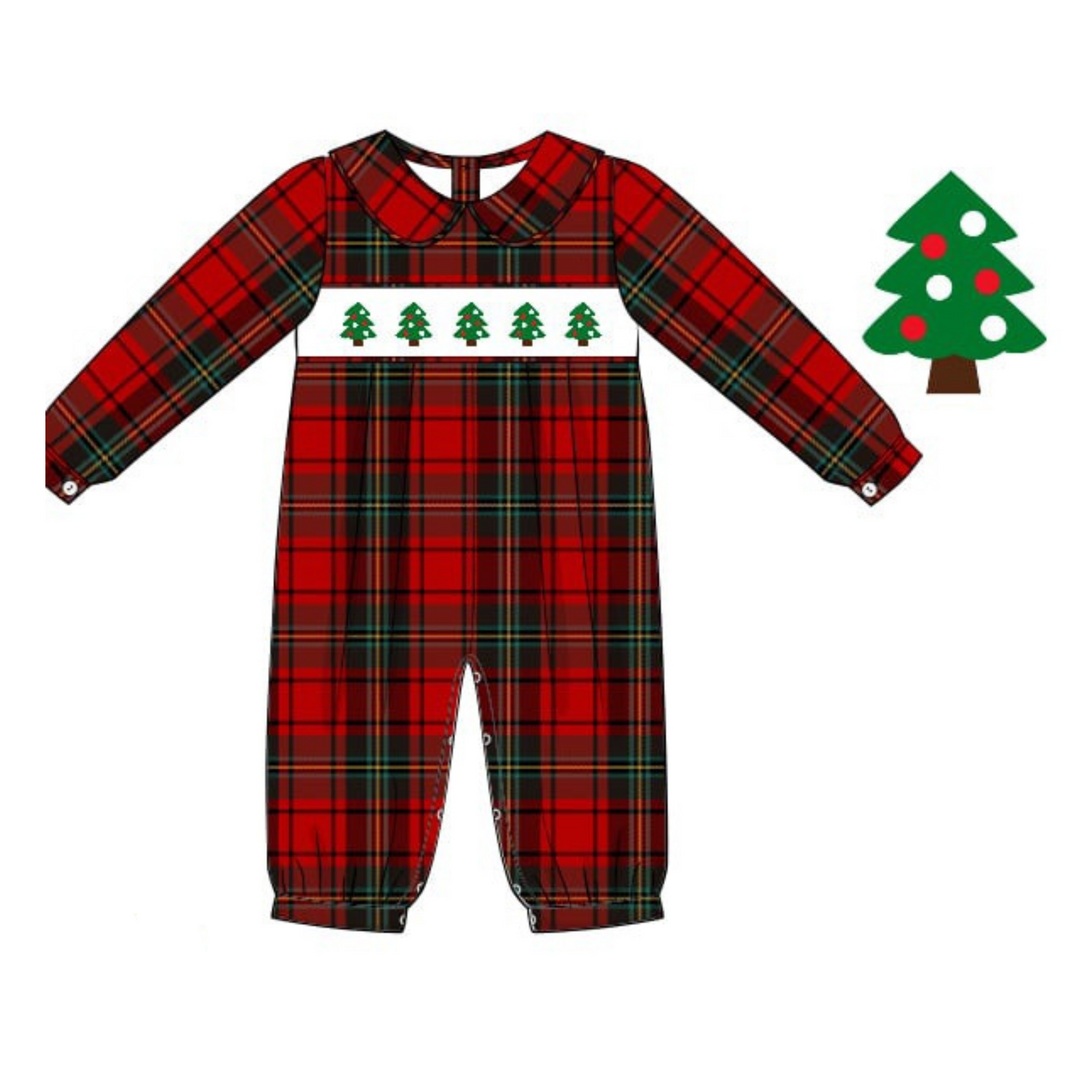 PRE-ORDER Boys Plaid Christmas Tree Smocked Romper