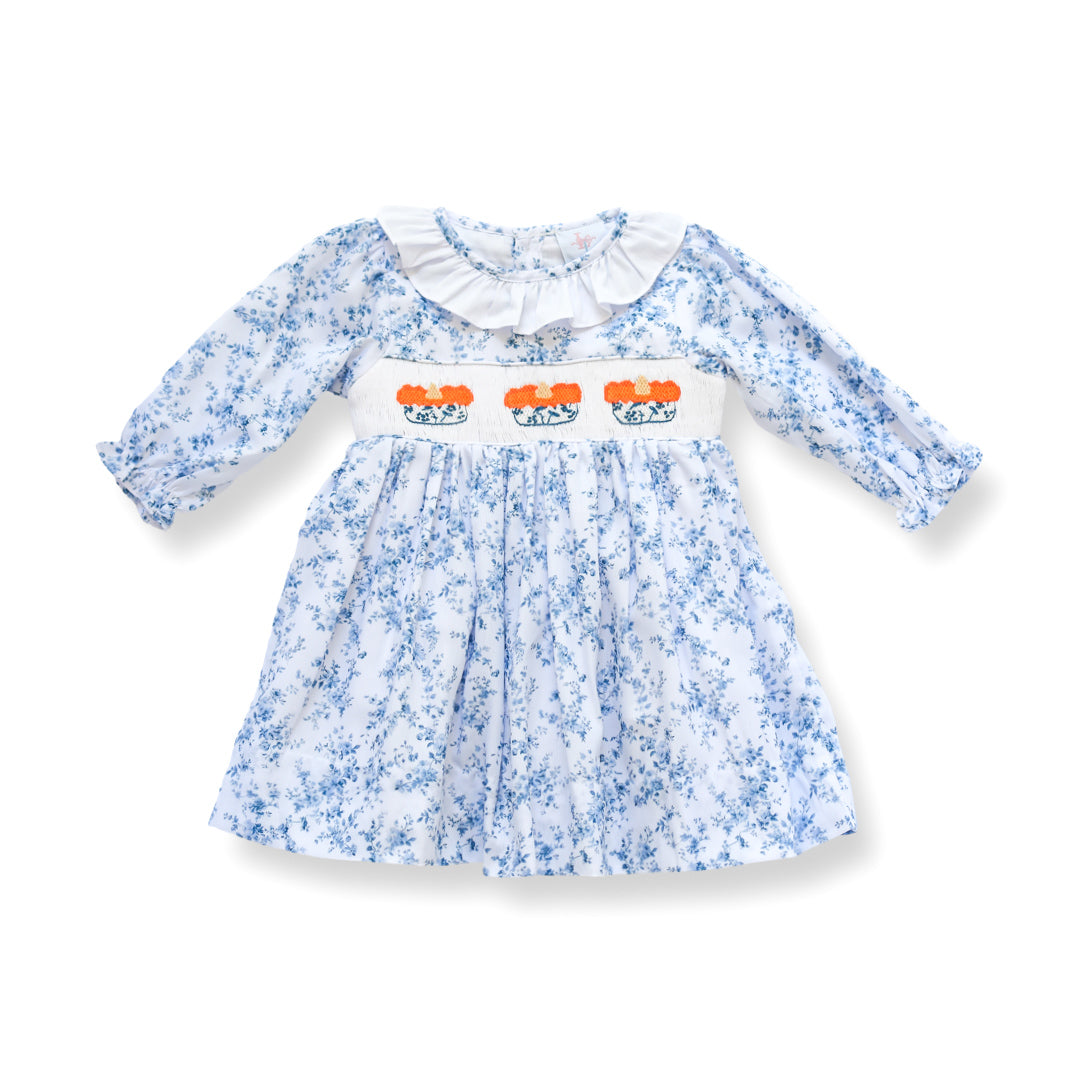 Girls Blue Toile Smocked Pumpkin Pie Dress Lillie & Lilah Girls Blue Toile Smocked Pumpkin Pie Dress Lillie & Lilah