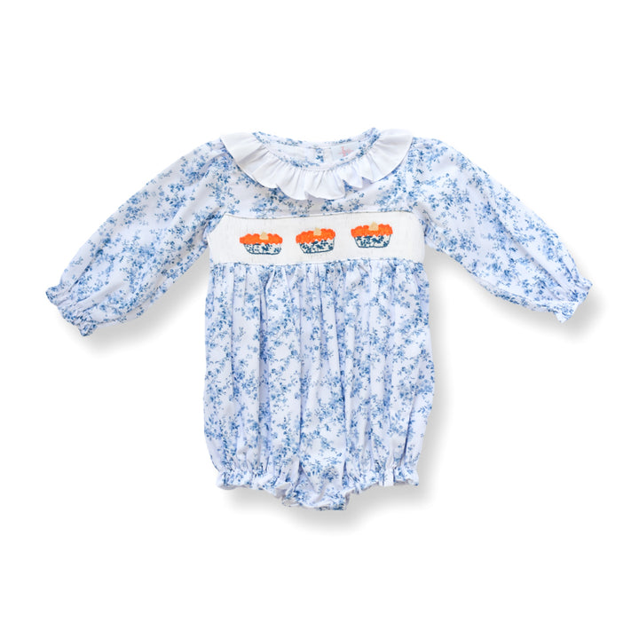 Girls Blue Toile Smocked Pumpkin Pie Bubble