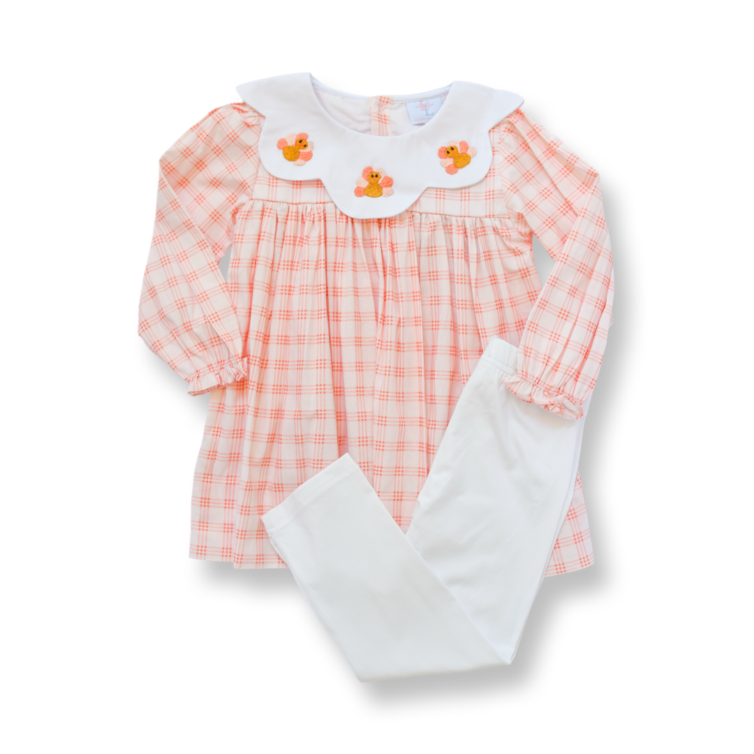 PRE-ORDER Girls Peach Gingham Turkey Collar Legging Set