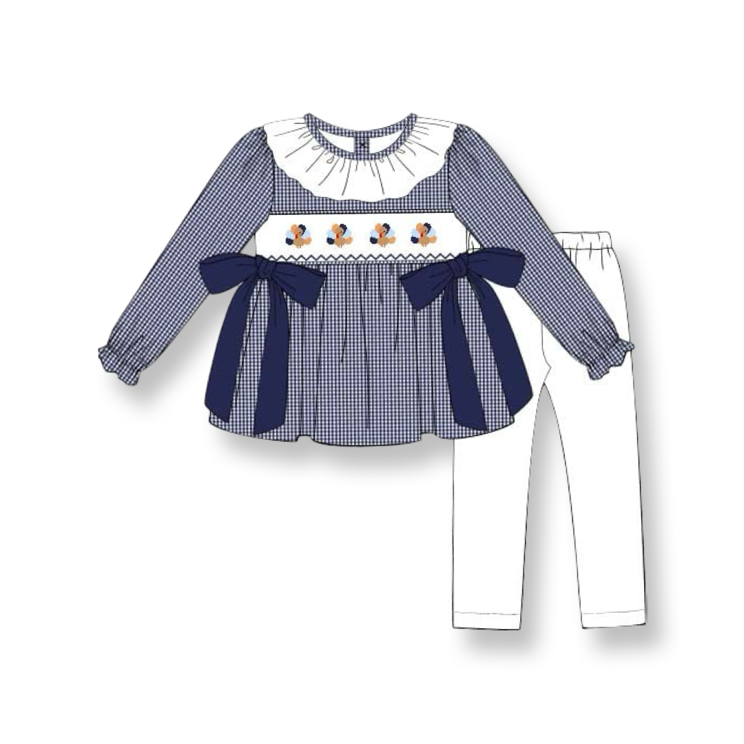 Girls Navy Gingham Turkey Smocked Legging Set