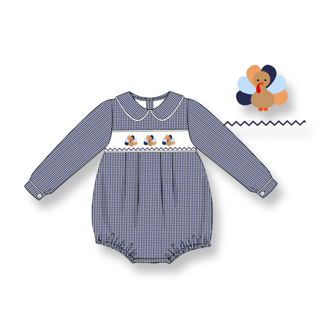 PRE-ORDER Boys Navy Gingham Turkey Smocked Bubble