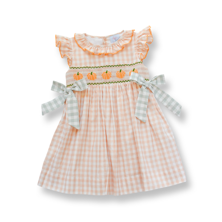 Girls Harvest Gingham Pumpkin Bow Dress