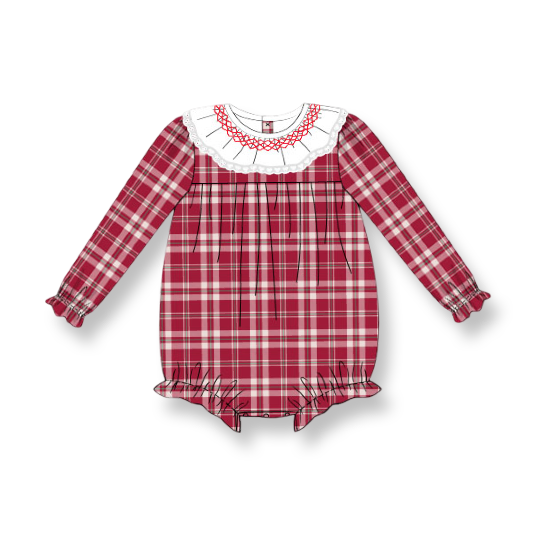 PRE-ORDER Girls Red Tartan Smocked Bubble with Ruffle Collar