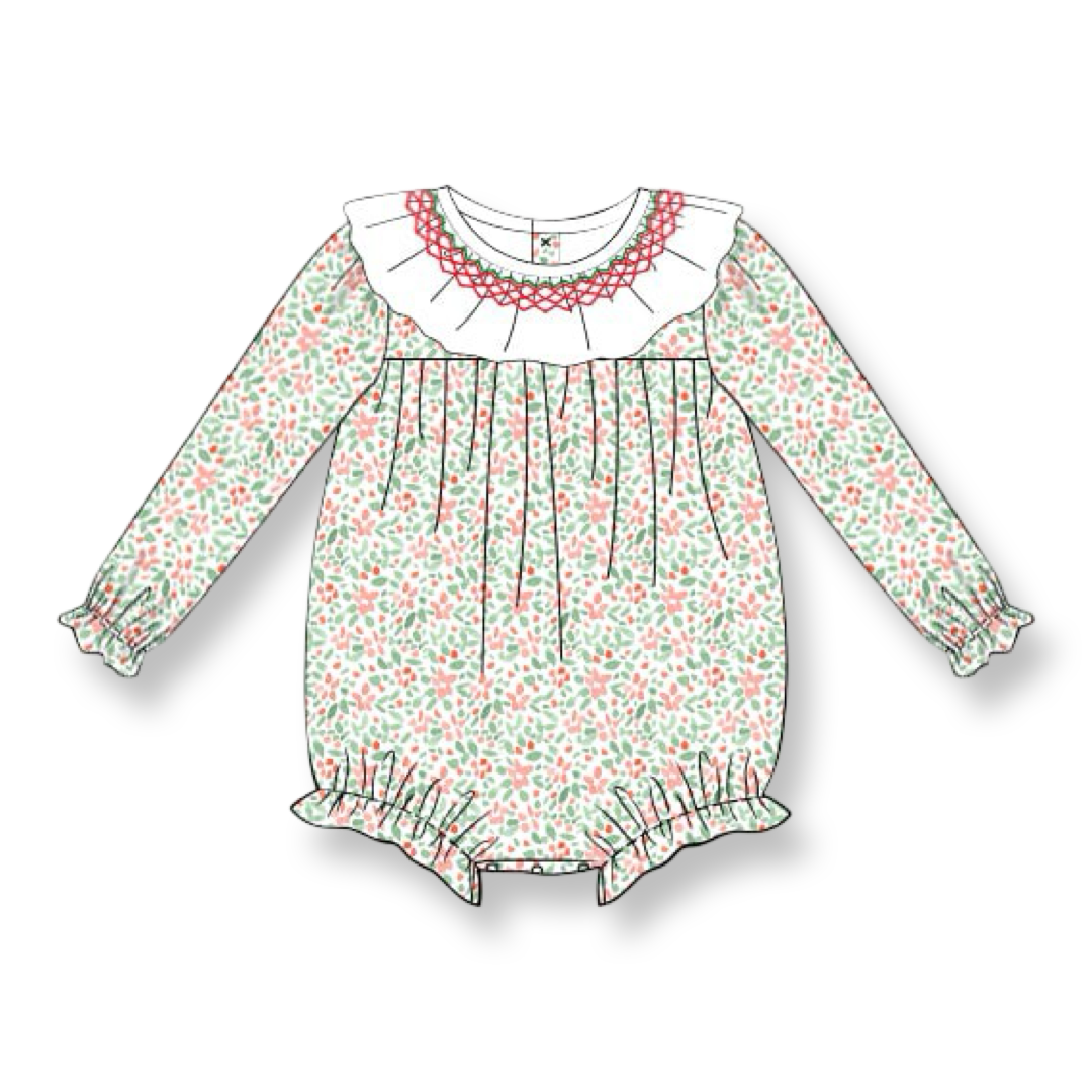Girls Holly Print Smocked Bubble with Ruffle Collar