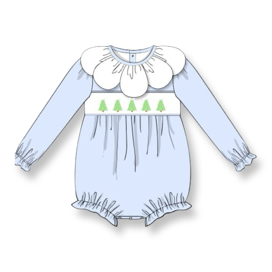 PRE-ORDER Girls Christmas Tree Blue Smocked Bubble