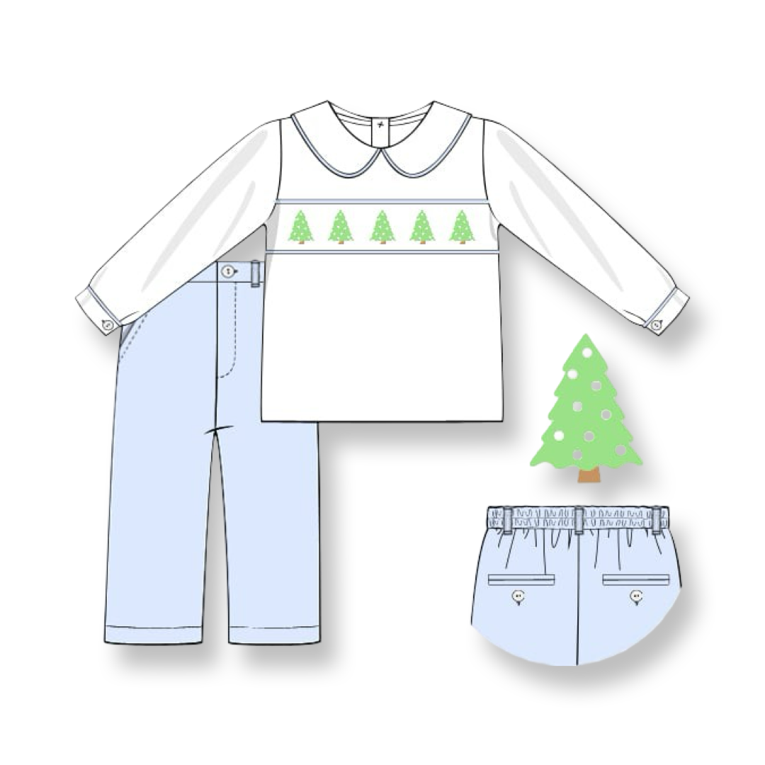 PRE-ORDER Boys Christmas Tree Blue Smocked Pant Set