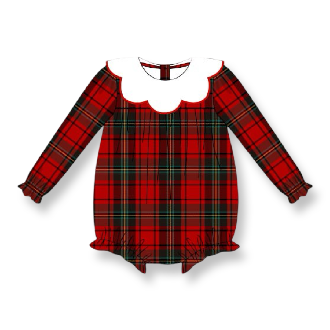 PRE-ORDER Girls Scallop Collar Red Tartan Bubble