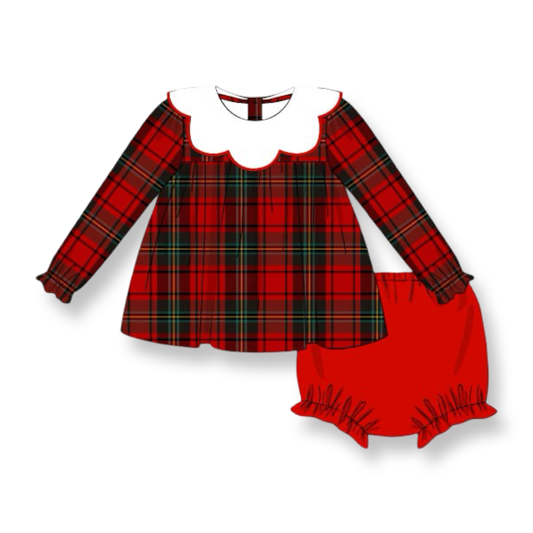 PRE-ORDER Girls Scallop Collar Red Tartan Diaper Set