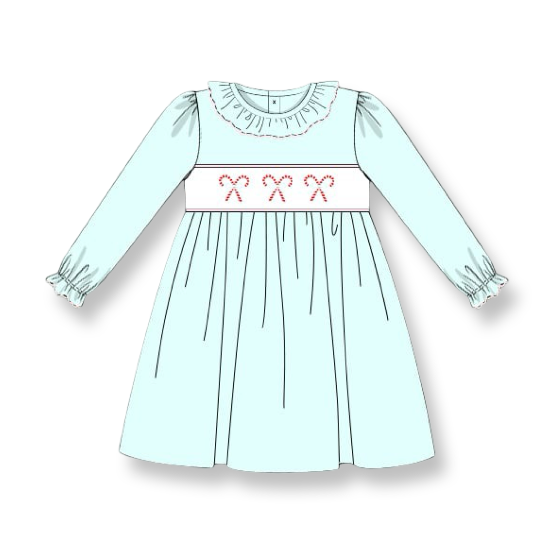 PRE-ORDER Girls Candy Cane Smocked Mint Dress
