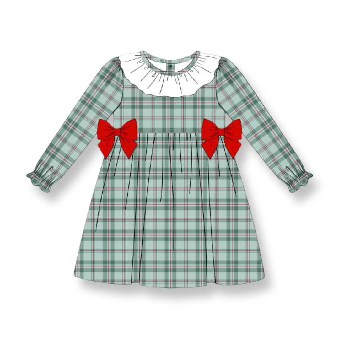 PRE-ORDER Girls Green Tartan Dress with Red Bows