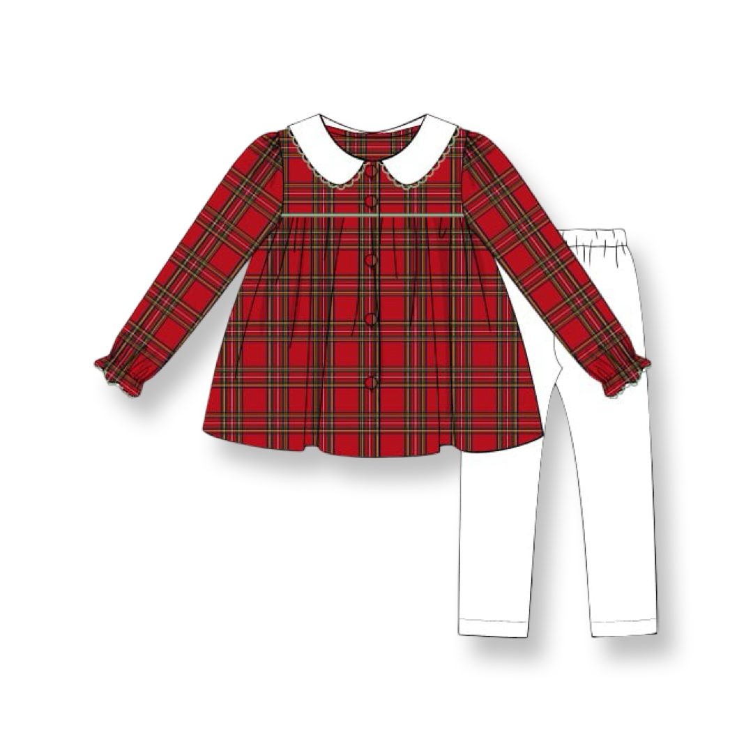 PRE-ORDER Girls Red Tartan Smocked Legging Set with Peter Pan Collar