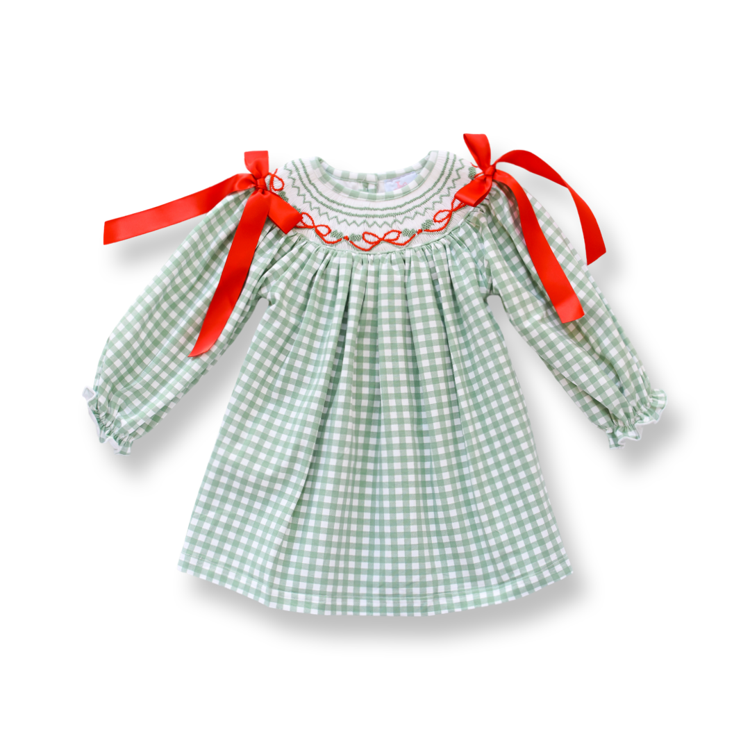 Girls Green Gingham Christmas Smocked Dress with Red Bows Lillie & Lilah Girls Green Gingham Christmas Smocked Dress with Red Bows Lillie & Lilah