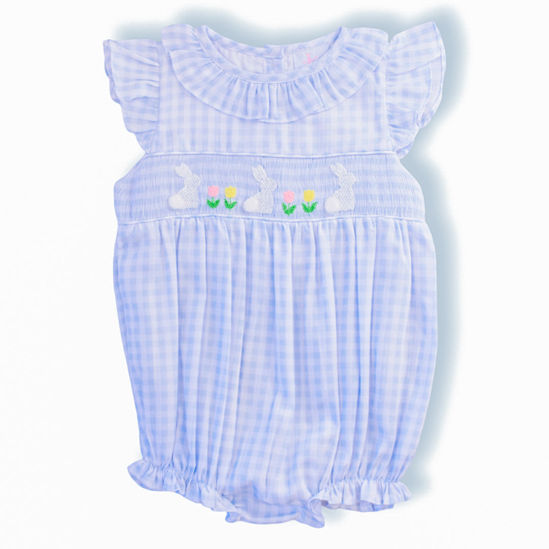 White Bunny on Blue Gingham Smocked Bubble