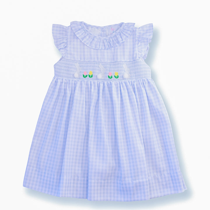 White Bunny on Blue Gingham Smocked Dress