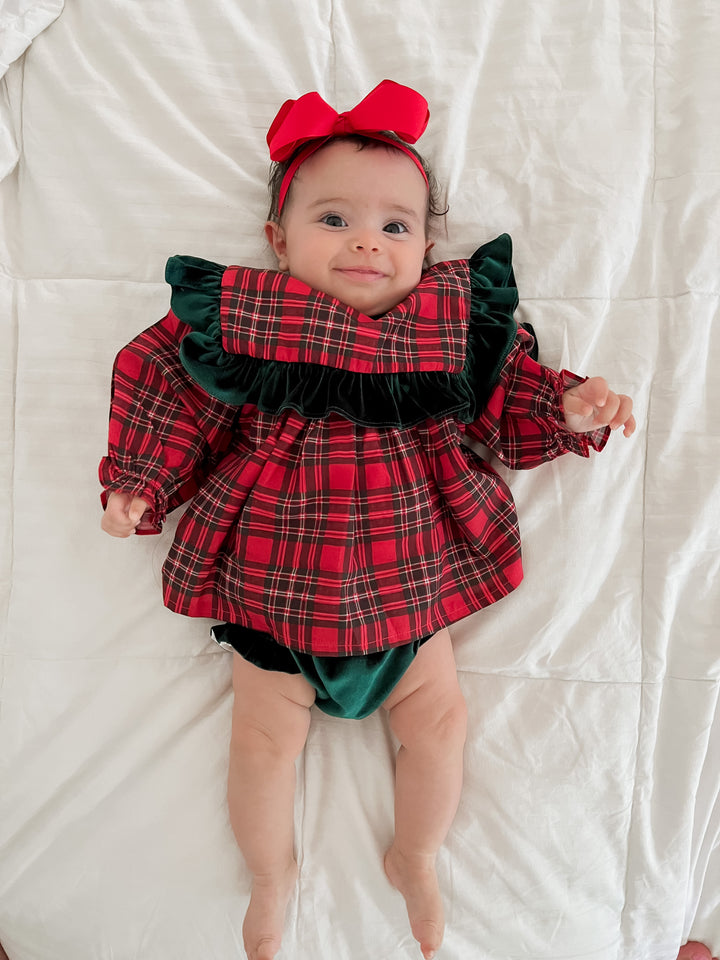 Francesca Red Holiday Plaid Smocked Diaper Set