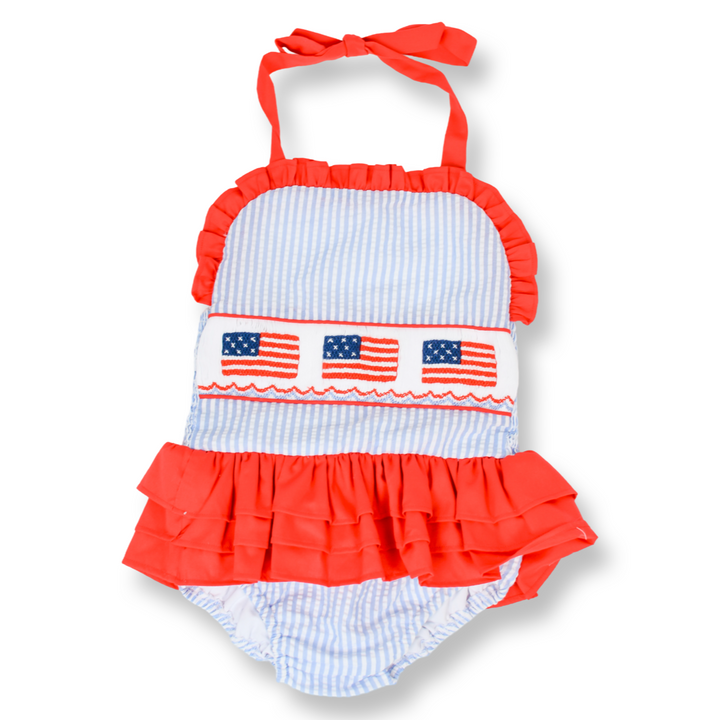 Patriotic Girls Smocked American Flag Swimsuit
