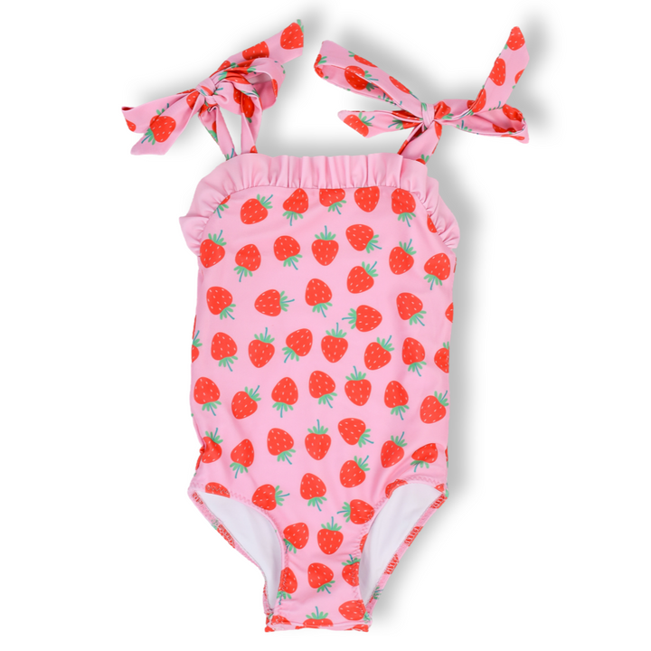 Girls Strawberry Ruffle Tie One Piece Swimsuit