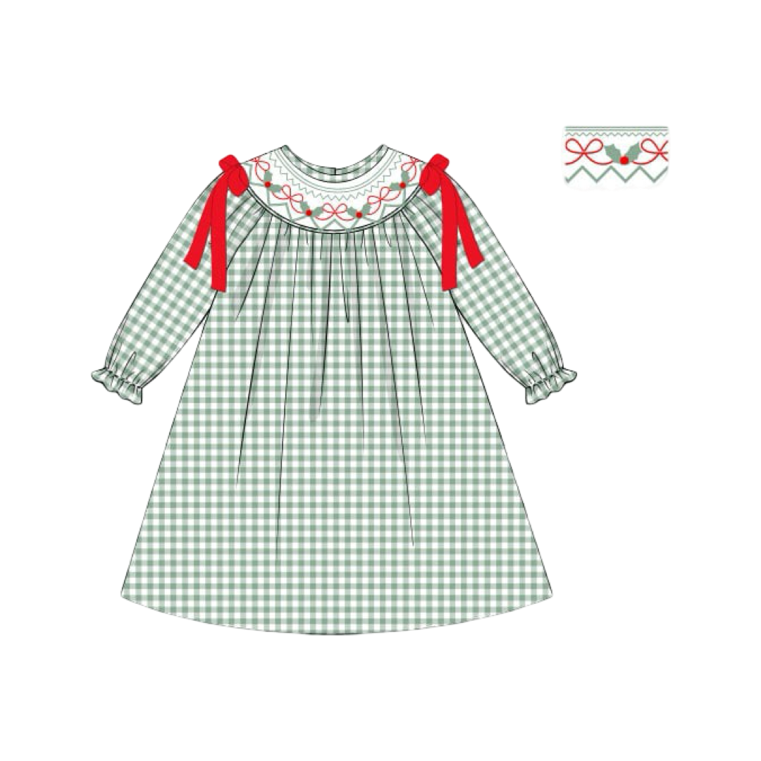 PRE-ORDER Girls Green Gingham Christmas Smocked Dress with Red Bows