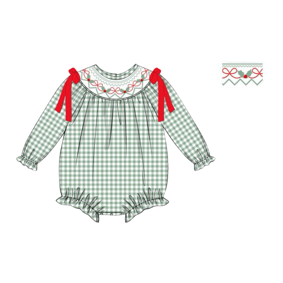 PRE-ORDER Girls Green Gingham Christmas Smocked Bubble with Red Bows