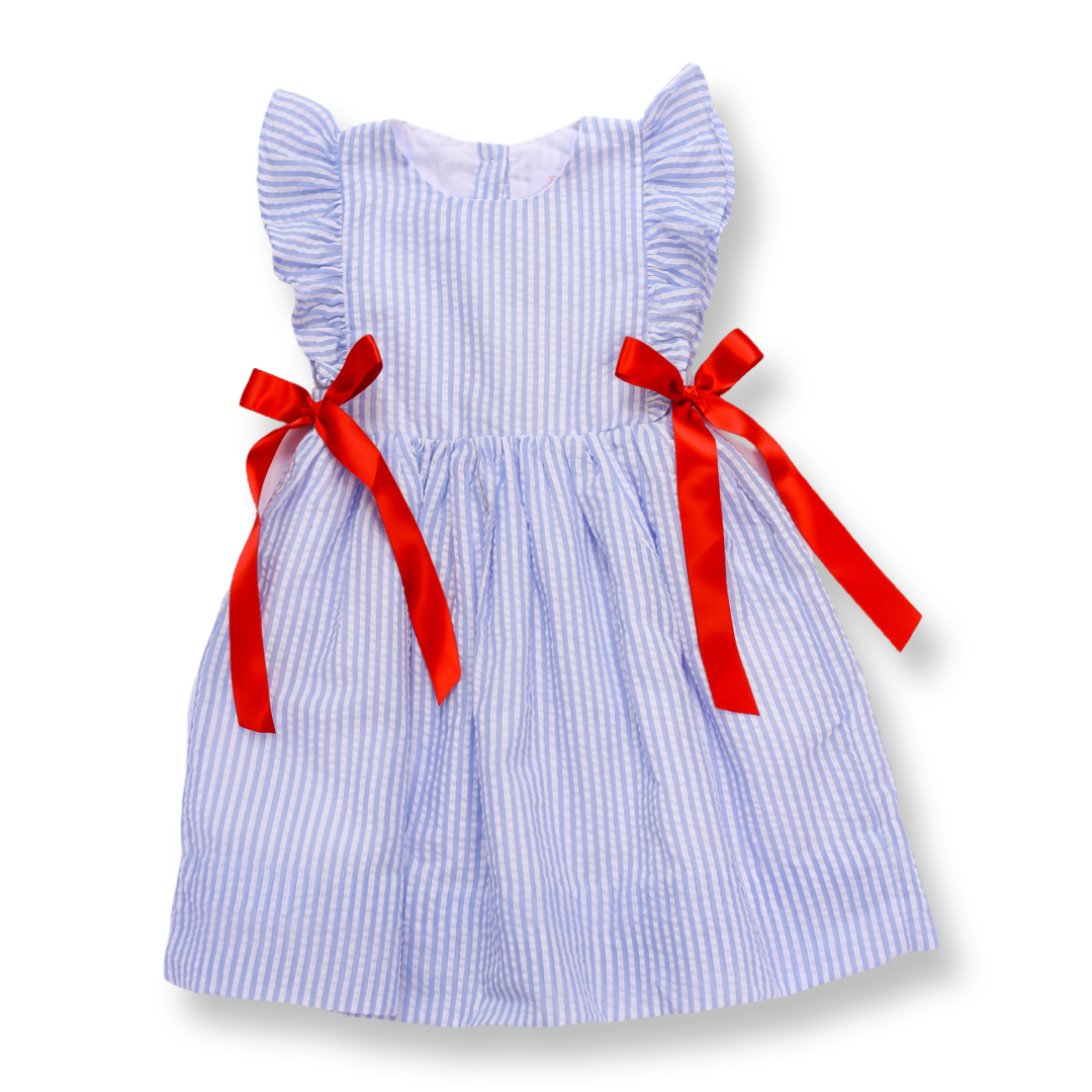 Blue Seersucker Patriotic Dress with Red Bows  Lillie & Lilah
