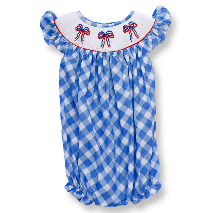Patriotic Blue Gingham and Bow Smocked Bubble