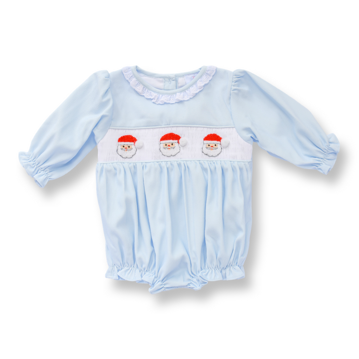 Girls Blue Corduroy Santa Smocked Bubble
