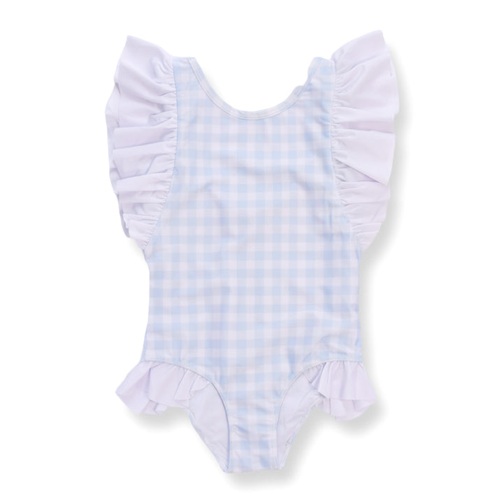 Girls Blue Gingham Swimsuit with Ruffle Sleeves