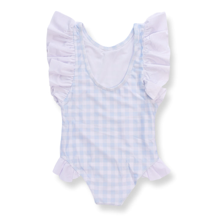 Girls Blue Gingham Swimsuit with Ruffle Sleeves