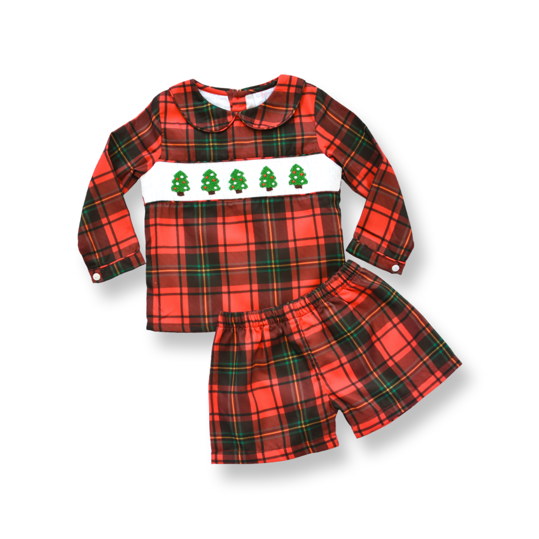 PRE-ORDER Boys Red Plaid Smocked Christmas Tree Short Set