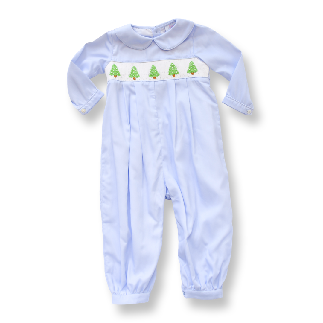 PRE-ORDER Boys Christmas Tree Smocked Light Blue Romper