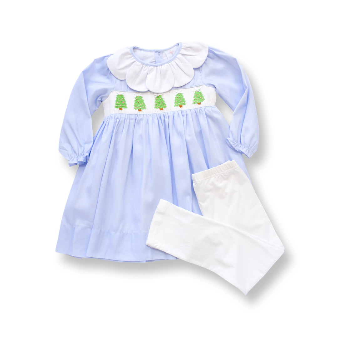 PRE-ORDER Girls Christmas Tree Light Blue Smocked Legging Set
