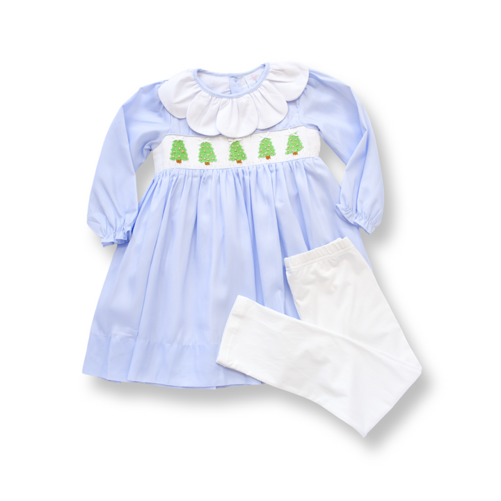 Girls Christmas Tree Light Blue Smocked Legging Set