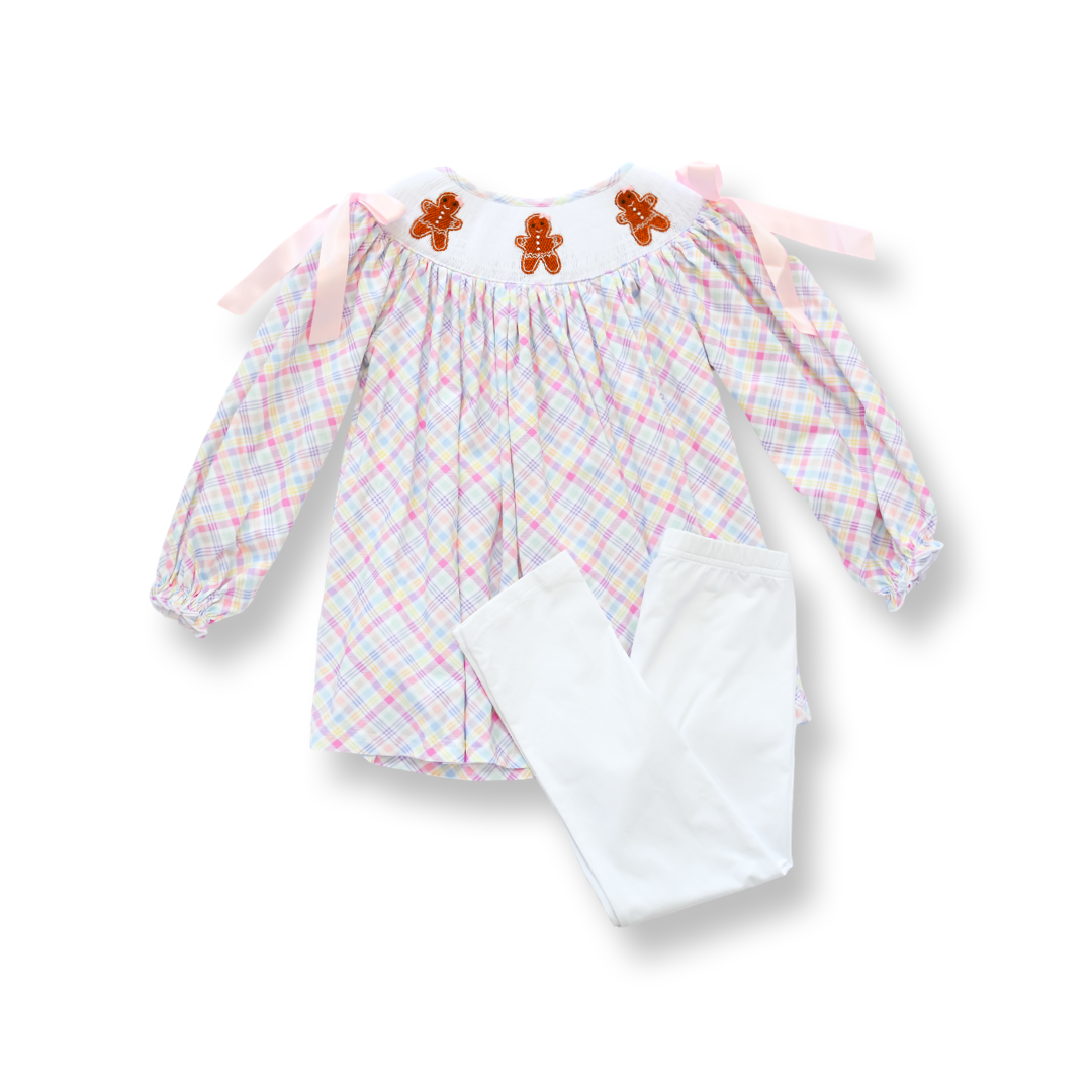 PRE-ORDER Girls Gingerbread Pink Gingham Smocked Legging Set