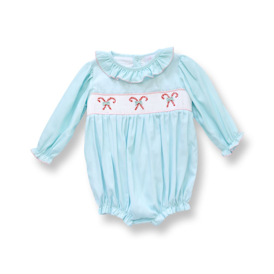PRE-ORDER Girls Candy Cane Smocked Mint Bubble