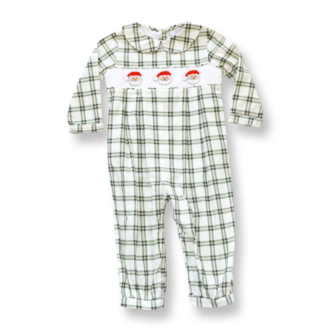 PRE-ORDER Boys Green Gingham Smocked Santa Romper