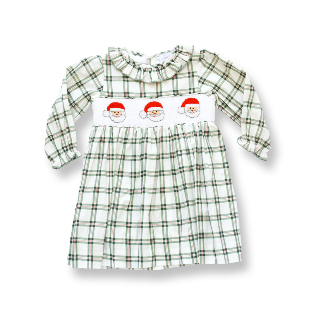 PRE-ORDER Girls Green Gingham Smocked Santa Dress