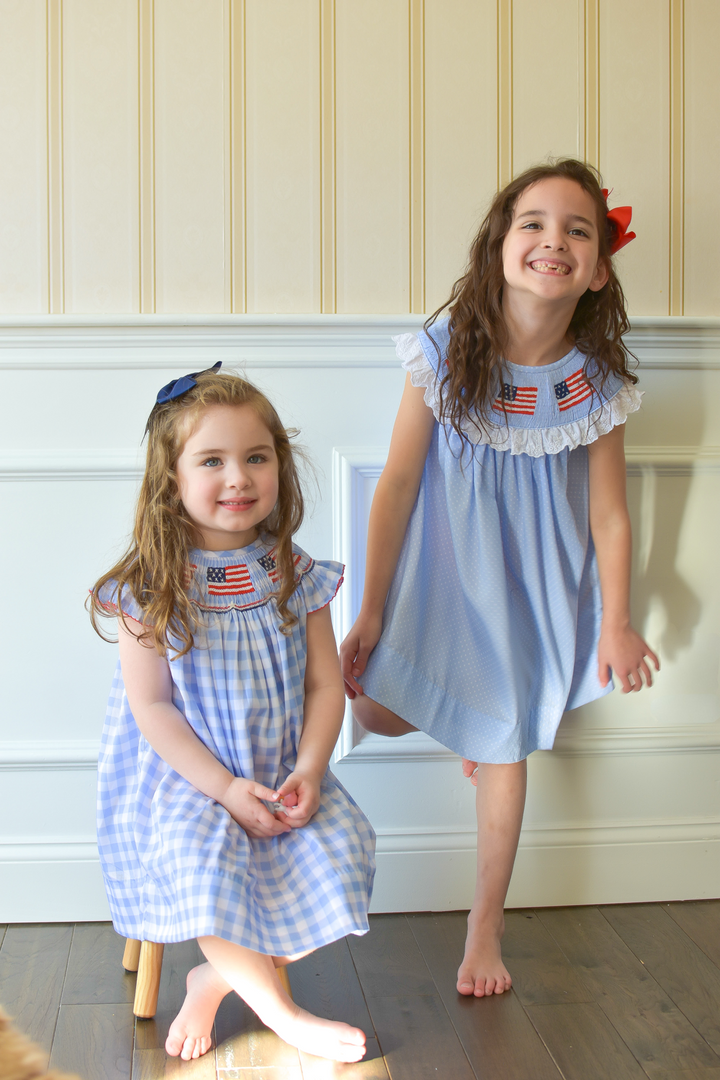 Patriotic Blue Gingham American Flag Smocked Dress