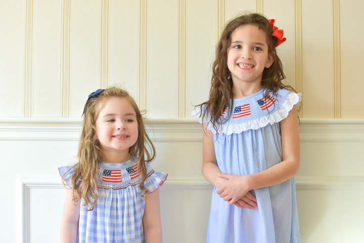 Patriotic Blue Gingham American Flag Smocked Dress